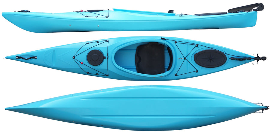 Top, side and underside view of the 350 touring manufactured by Cambridge kayaks in Light Blue