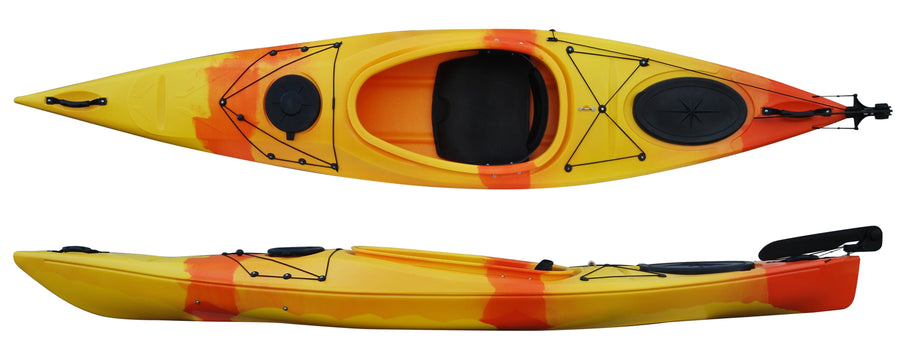 Top and side view of the 350 touring manufactured by Cambridge kayaks in Orange and Yellow