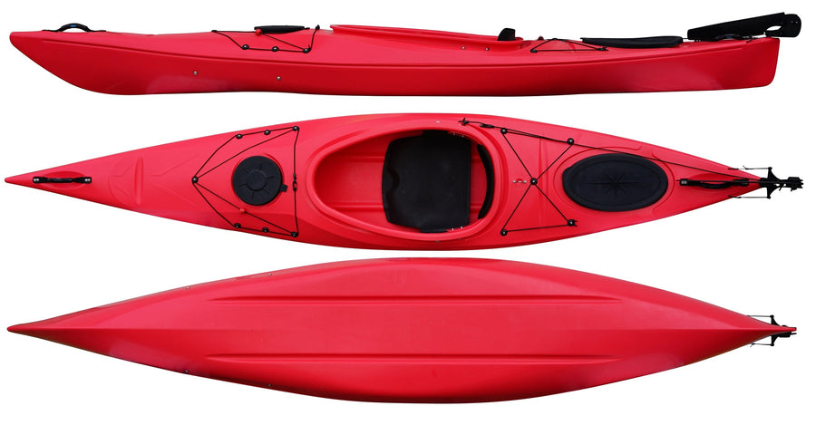 Top, side and underside view of the 350 touring manufactured by Cambridge kayaks in Red