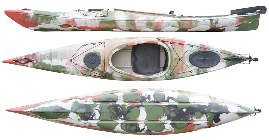 Top, side and underside view of the 350 touring manufactured by Cambridge kayaks in Jungle