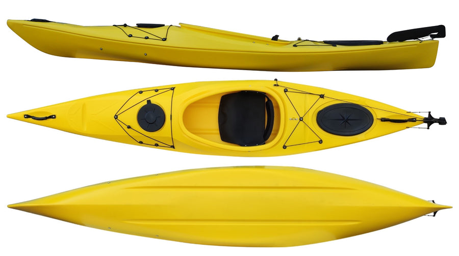 Top, side and underside view of the 350 touring manufactured by Cambridge kayaks in Yellow