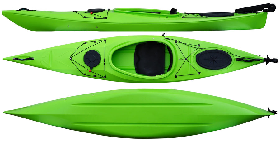 Top, side and underside view of the 350 touring manufactured by Cambridge kayaks in Green