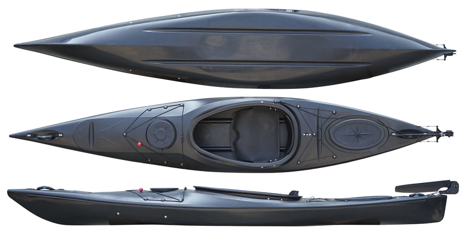 Top, side and underside view of the 350 touring manufactured by Cambridge kayaks in Black