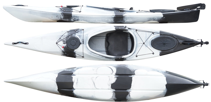Top, side and underside view of the 350 touring manufactured by Cambridge kayaks in Black and White