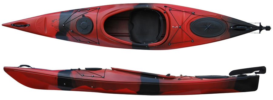 Top and side view of the 350 touring manufactured by Cambridge kayaks in Red and Black