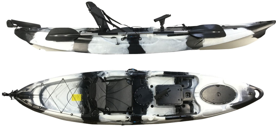 Top and side view of the barracuda fishing kayak in black and white manufactured by cambridge kayaks