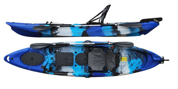 Top and side view of the barracuda fishing kayak in blue camo manufactured by cambridge kayaks