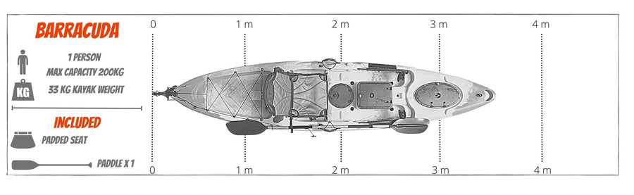 Scale chart showing the length of the barracuda fishing kayak manufactured by cambridge kayaks