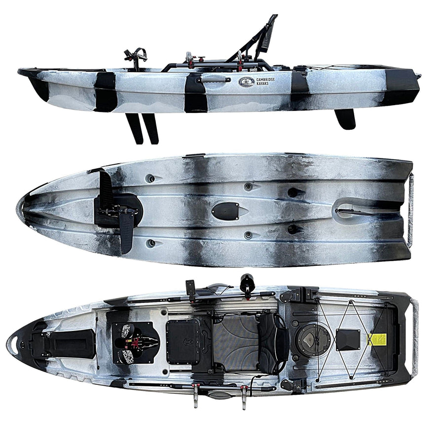 Top, Bottom and side views of fishing kayak in black and white manufactured by cambridge kayaks