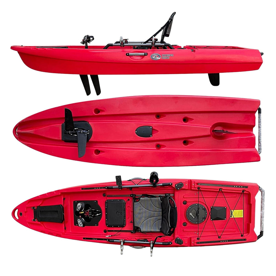 Top, Bottom and side views of fishing kayak in red manufactured by cambridge kayaks