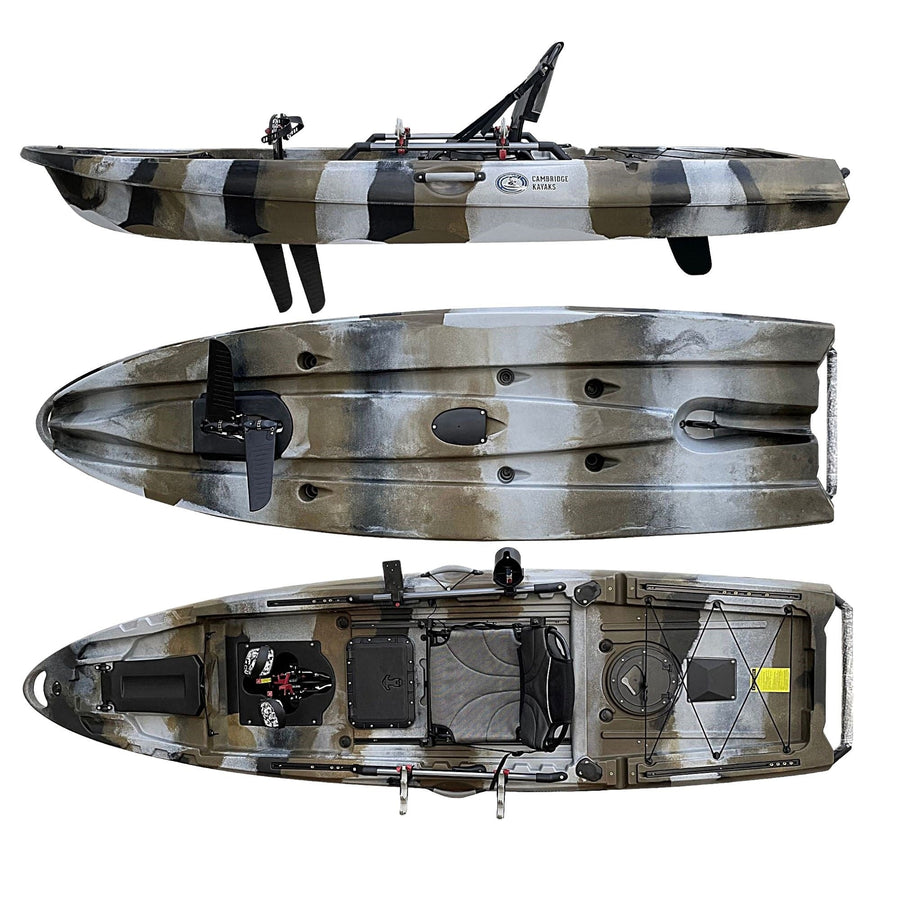 Top, Bottom and side views of fishing kayak in camo colours manufactured by cambridge kayaks