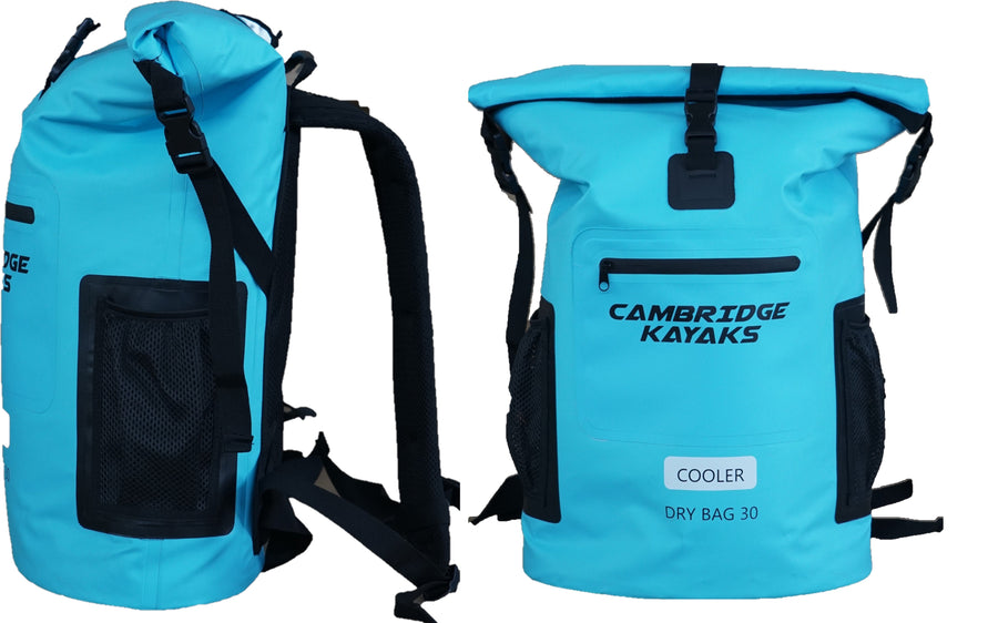 Cooler dry bag front and side view in blue manufactured by cambridge kayaks