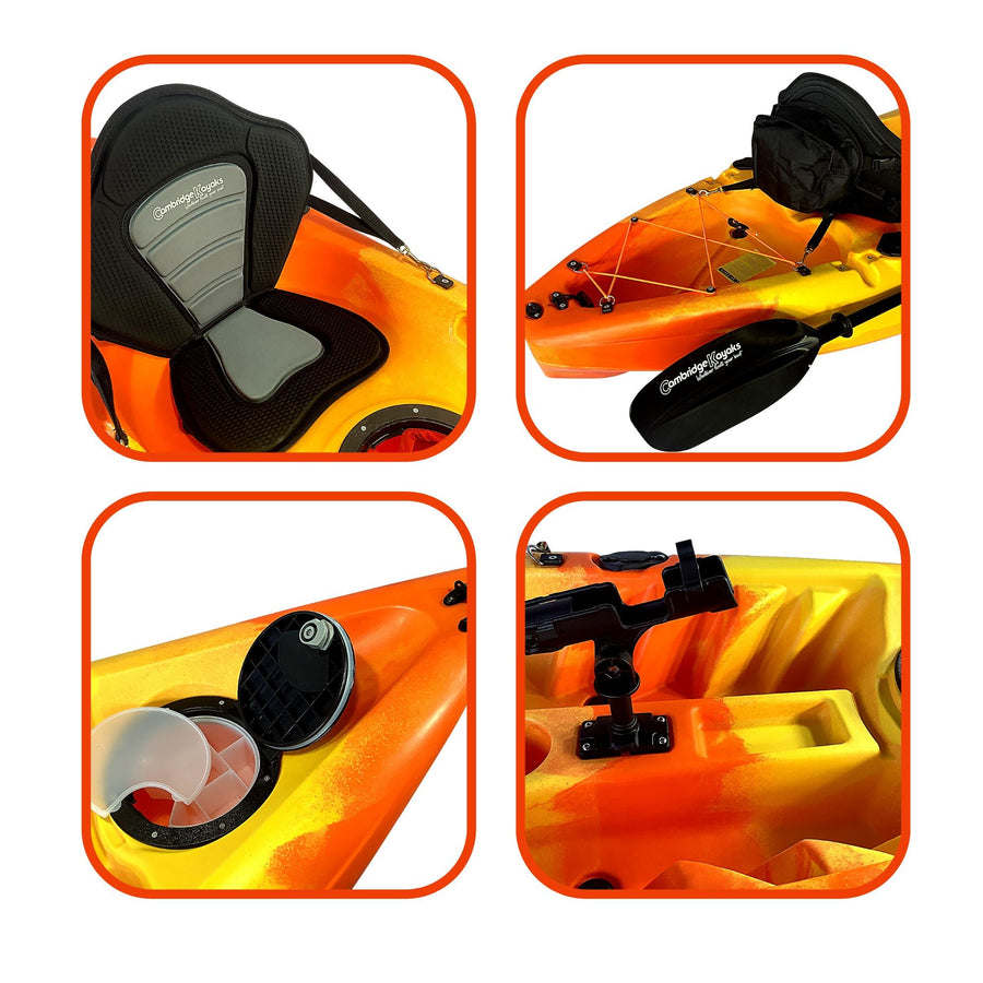 Zander Orange Yellow Leisure and Fishing Kayak, Single Person Padded Seat, Hatches Paddle Fishing