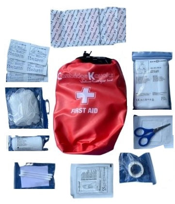 30 pcs first aid kit with a dry bag in red manufactured by cambridge kayaks