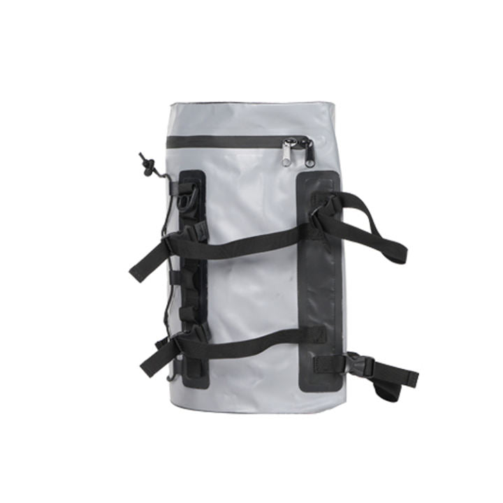 grey dry deck bag rear view ahowing straps and zip up area manufactured by cambridge kayaks