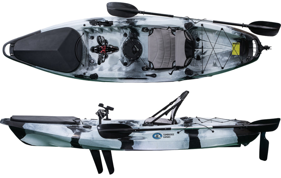 top and side view of a pedal drive fishing kayak in black and white manufactured by cambridge kayaks