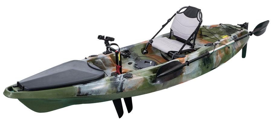 angle view of a peddal fishing kayak in camo color manfactured by cambridge kayaks