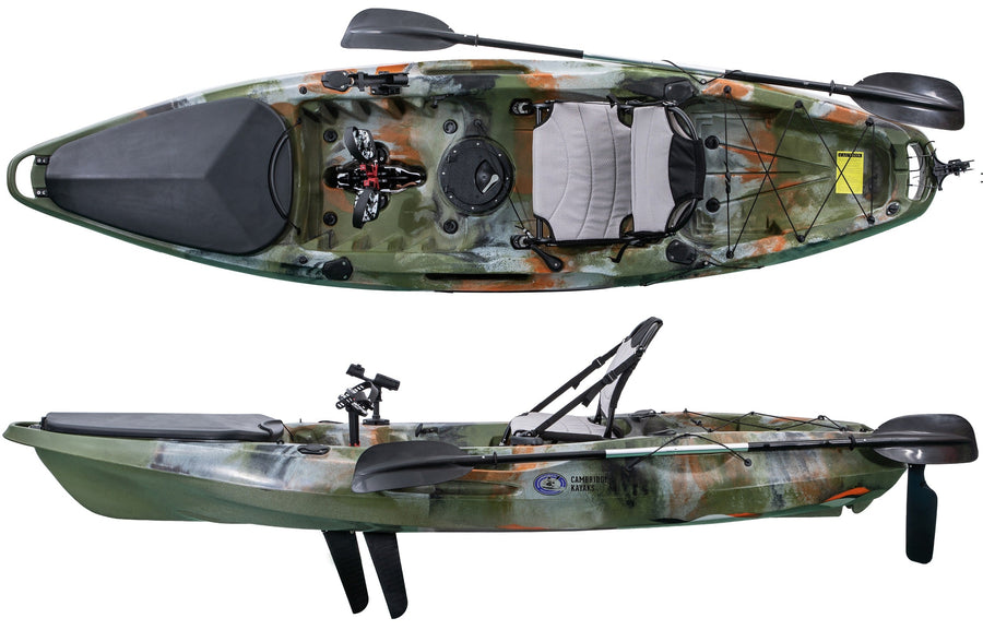 top and side view of a pedal drive fishing kayak in camo colour manufactured by cambridge kayaks