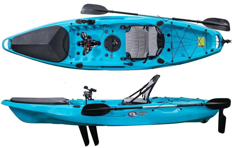 top and side view of a pedal drive fishing kayak in blue manufactured by cambridge kayaks