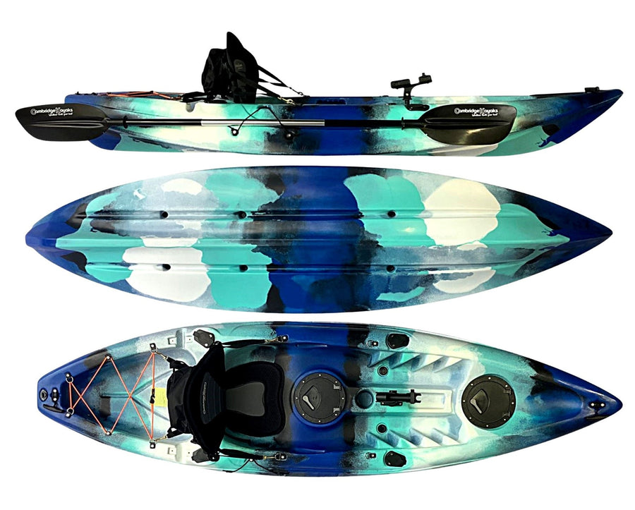 Zander Leisure and Fishing Kayak Light Blue Dark Blue Camo Single Person Padded Seat, Hatches Paddle