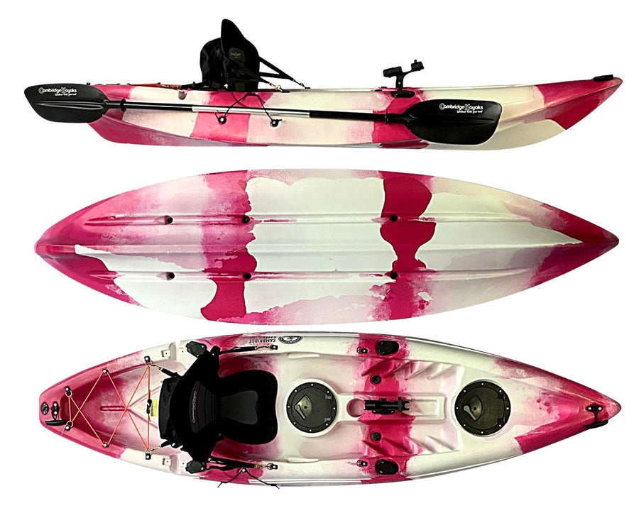 Zander Leisure and Fishing Kayak Pink White Camo Single Person with Padded Seat, Hatches and Paddle