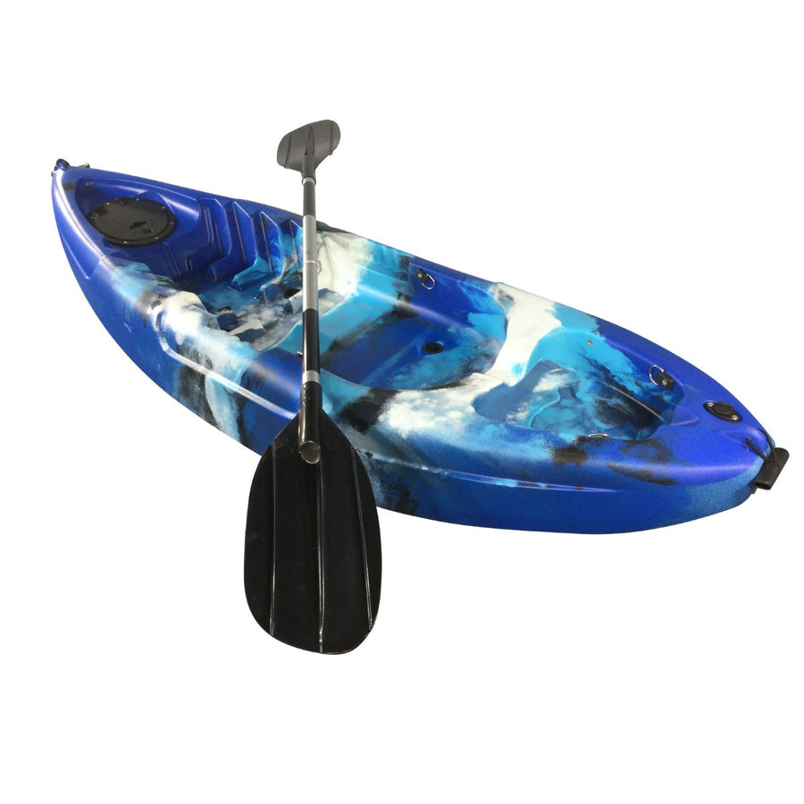 blue and white childs kayak with paddle sitting across the boat manufatured by cambridge kayaks